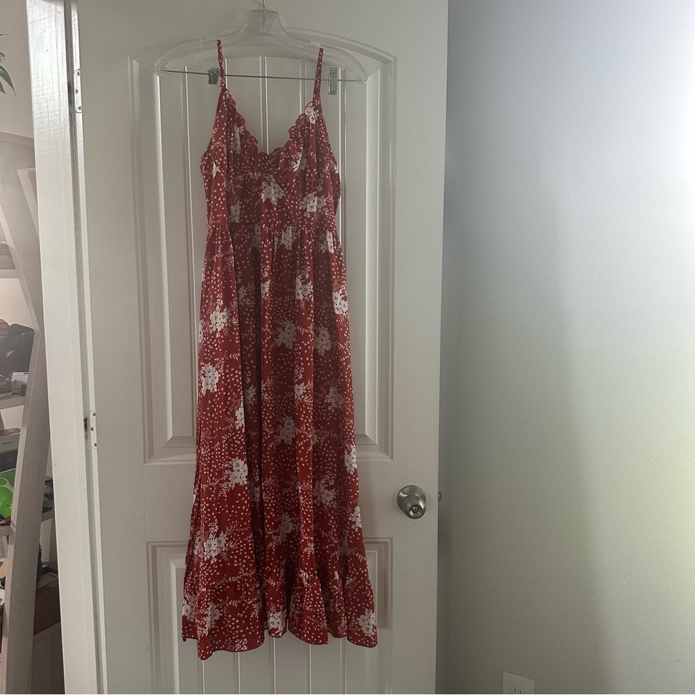 Simplee Rust Orange Floral Maxi Dress M Ruffle V Neck Boho Sundress NWT